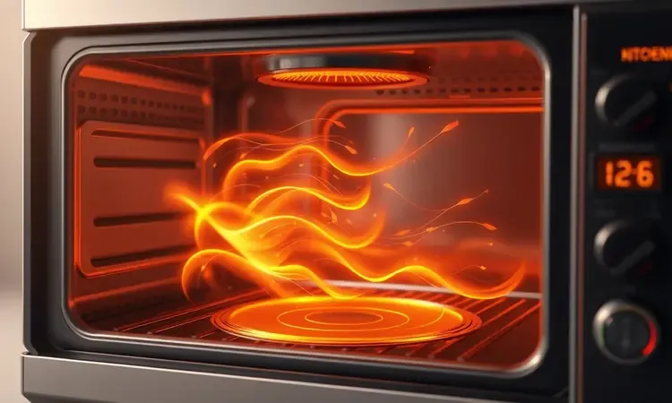 Ilustração conceitual em 3D mostrando o fluxo de ar quente e calor circulando dentro de um aparelho de cozinha.