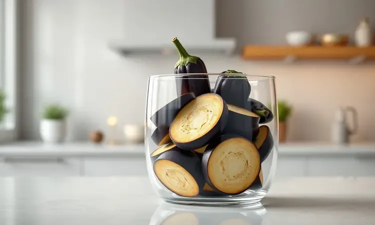 Recipiente de vidro moderno armazenando legumes assados em uma cozinha contemporânea, renderização 3D.