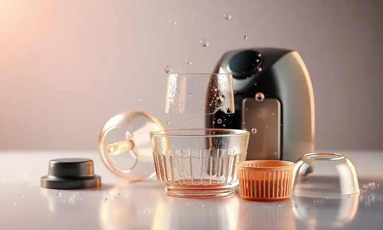Componentes de air fryer brilhantes e limpos simbolizando a facilidade de higienização do eletrodoméstico.