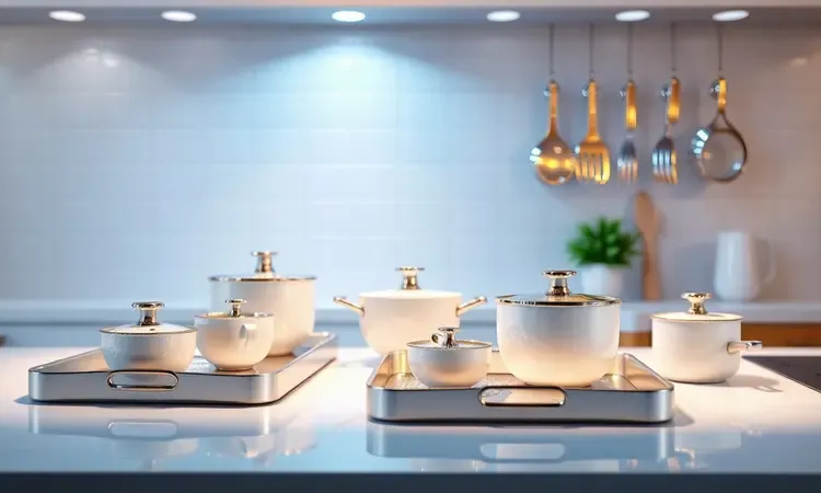 Imagem conceitual em 3D de acessórios de cozinha limpos com brilho e gotas de água, simbolizando higiene.