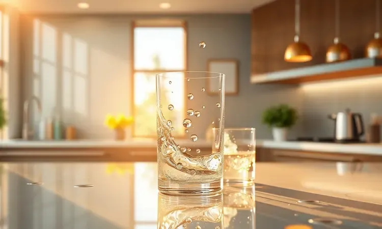 Visualização artística e limpa de superfícies brilhantes e gotas de água cristalinas em um ambiente de cozinha estilizado.