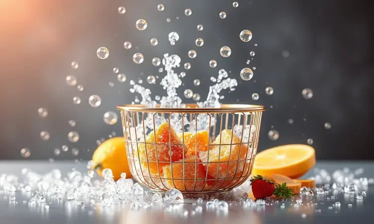 Representação artística de limpeza profunda com bolhas e ingredientes naturais para remover gordura da air fryer.