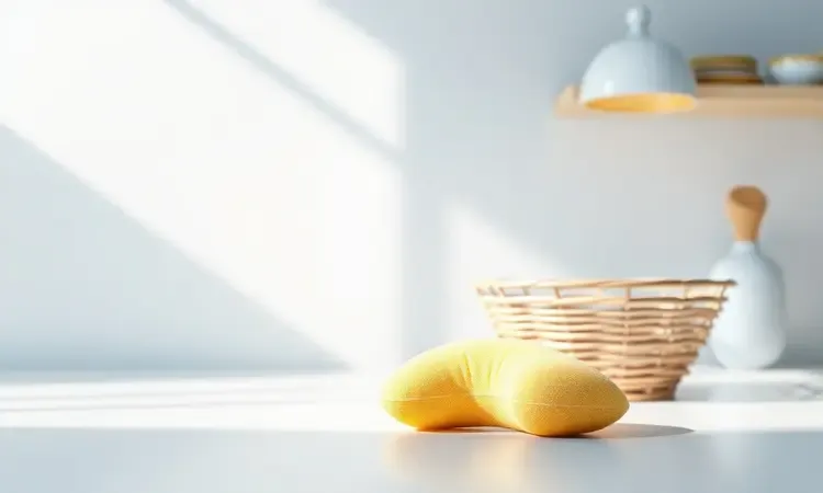 Representação 3D minimalista de limpeza de cesto de fritadeira com bolhas de sabão e iluminação suave e brilhante.