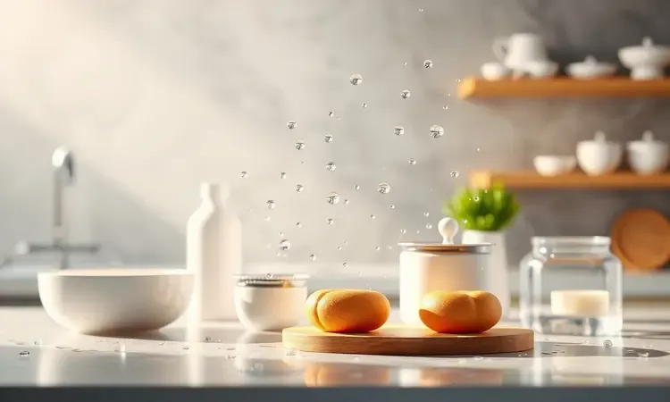Ilustração conceitual 3D de componentes de cozinha brilhantes e limpos com gotas de água suaves e iluminação acolhedora.
