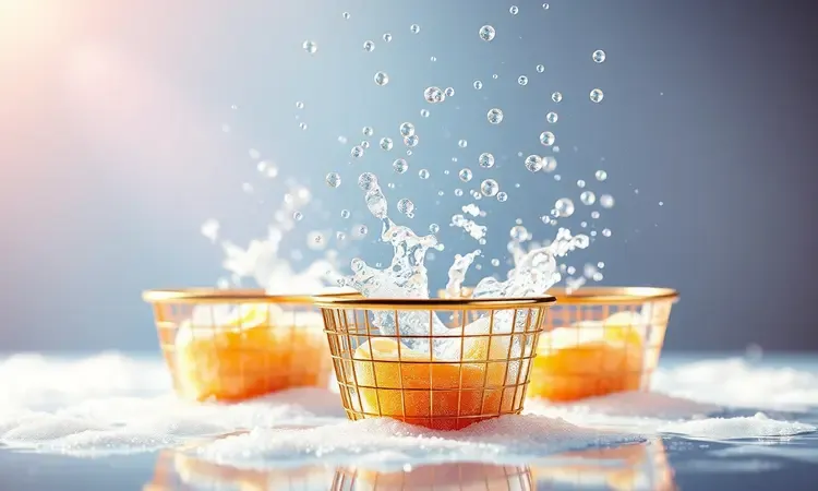 Imagem 3D conceitual de limpeza de acessórios de airfryer com bolhas de sabão brilhantes e água cristalina.