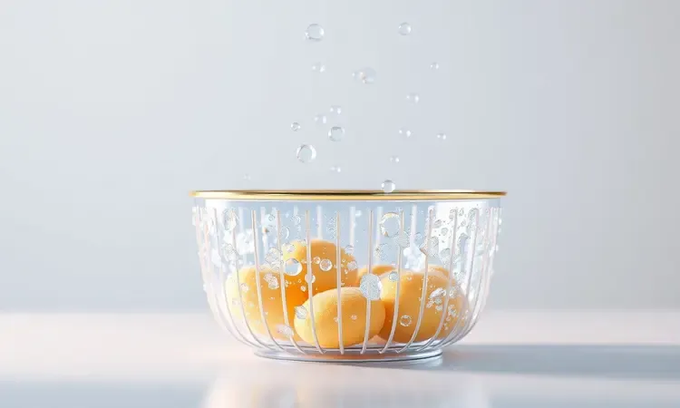 Cesto de airfryer limpo e brilhante com gotas de água em um ambiente minimalista e iluminado.