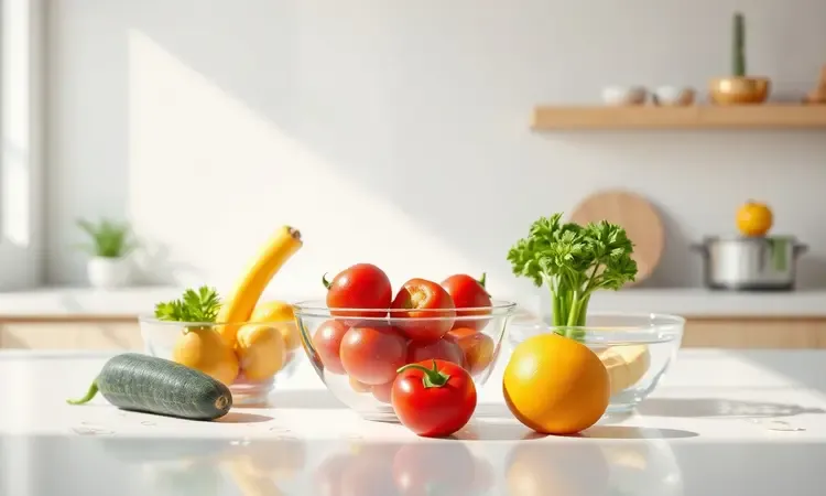 Imagem conceitual em 3D de ingredientes frescos sendo preparados com cuidado em uma cozinha moderna e bem iluminada.