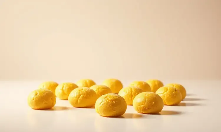 Massa de broa de milho moldada em pequenas esferas amarelas prontas para serem assadas.