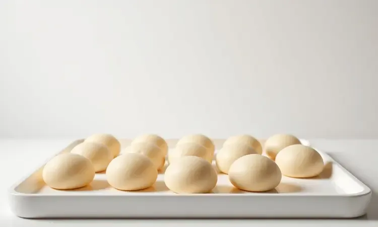 Bolinhos de massa moldados perfeitamente organizados em uma bandeja sob luz dourada e quente.
