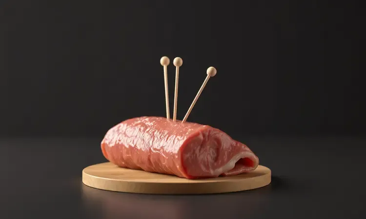 Representação visual de como montar e prender bifes a rolê com palitos de forma organizada.
