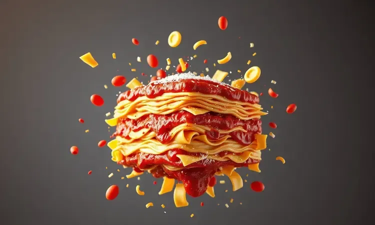 Representação visual em 3D das camadas de massa, molho bolonhesa e queijo de uma lasanha bem montada.
