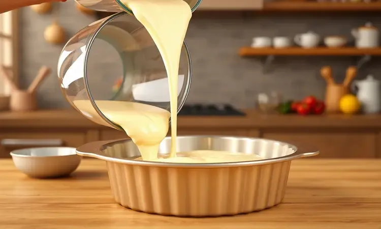 Representação 3D de uma torta sendo montada em uma forma redonda dentro de uma cozinha moderna e iluminada.