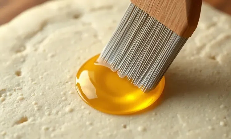 Close conceitual em 3D de um pincel aplicando óleo sobre a massa de pastel para garantir crocância.