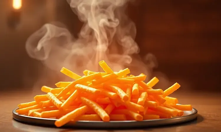 Batatas fritas estilizadas em 3D com textura dourada e crocante sob iluminação cinematográfica quente.