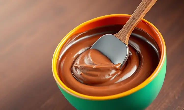 Cena conceitual em 3D de uma espátula misturando um creme de chocolate brilhante e espesso em uma tigela vibrante.