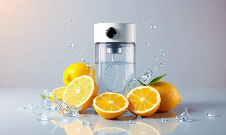Fatias de limão e folhas de hortelã flutuando para simbolizar a remoção de odores e frescor na cozinha.