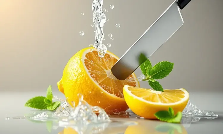 Limão fresco e gotas de água simbolizando a limpeza e frescor da fritadeira elétrica.