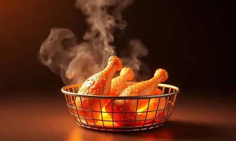 Cesta de air fryer com frango fumegante sugerindo calor e frescor em renderização 3D moderna.
