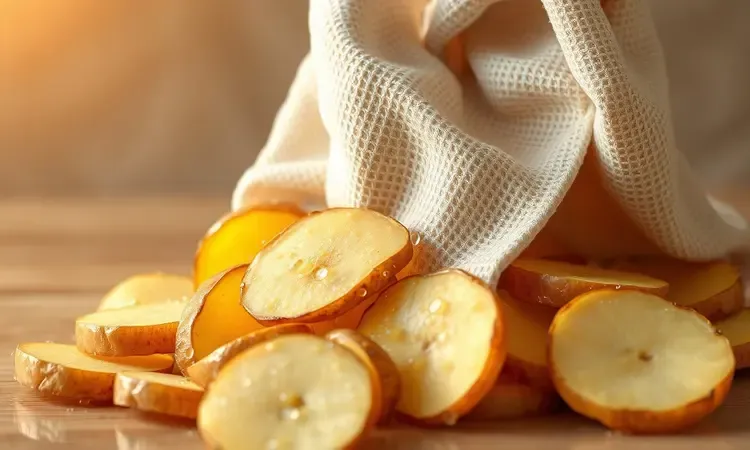 Representação conceitual de batatas fatiadas sendo secas para remover o excesso de umidade.