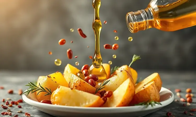 Batatas rústicas em uma tigela sendo temperadas com azeite dourado e ervas frescas suspensas.