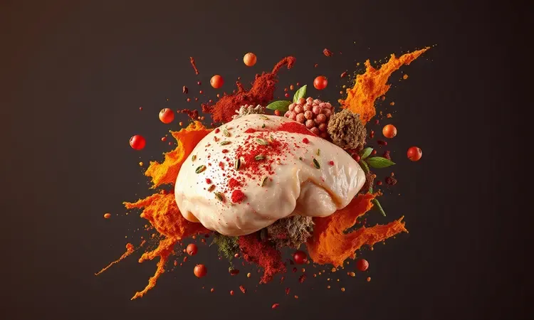 Explosão conceitual de temperos coloridos e ervas frescas ao redor de um frango para criar uma crosta crocante.