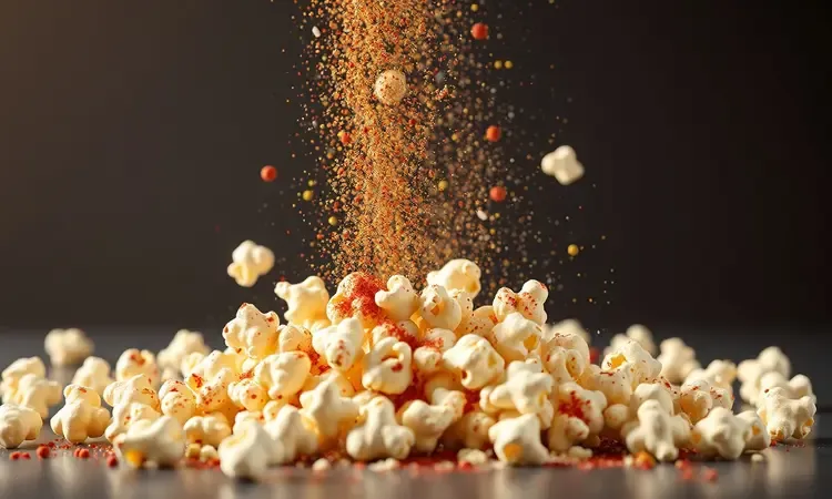 Pipoca sendo temperada com especiarias coloridas e ervas em uma cena 3D artística e dinâmica.