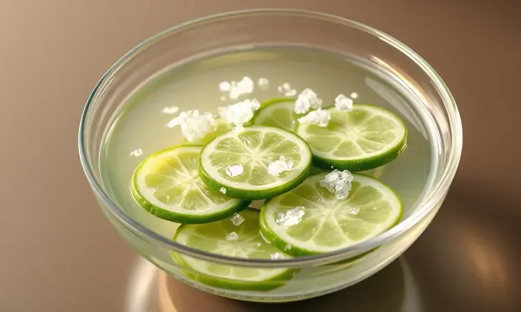 Fatias de jiló verde fresco mergulhadas em uma tigela translúcida com água e cristais de sal para remover o amargor.