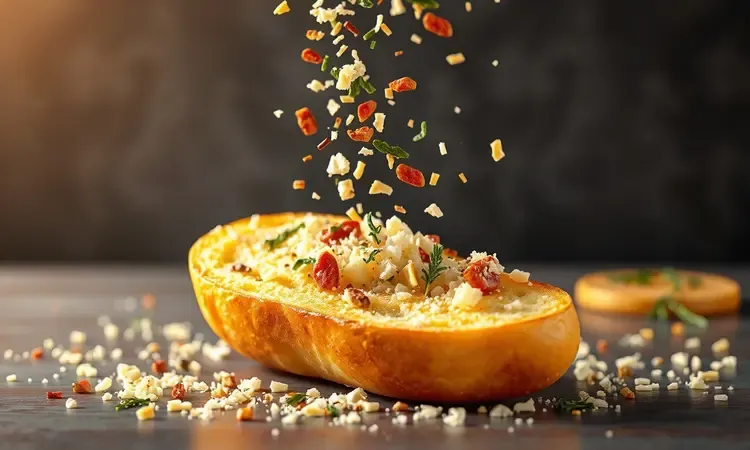 Visualização artística de queijo parmesão e ervas finas caindo sobre um pão de alho dourado e quente.