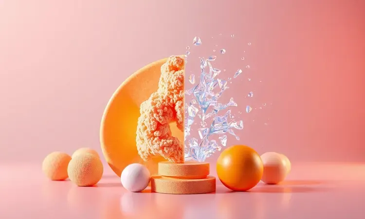 Gráfico conceitual 3D comparando a circulação de ar quente e a textura crocante dos alimentos em tons de laranja.