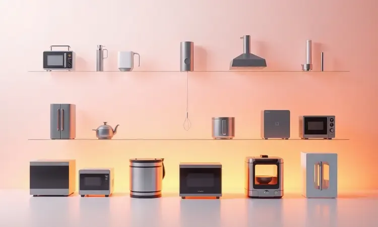 Comparação conceitual entre diferentes modelos de fornos elétricos e airfryers de alto padrão.