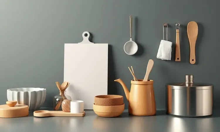 Comparação conceitual entre diferentes materiais de acessórios de cozinha em estilo 3D moderno.