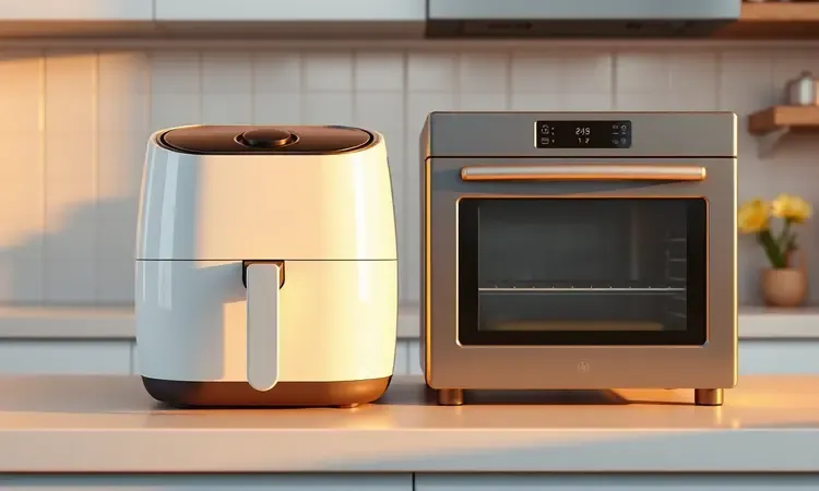 Comparativo visual 3D entre uma fritadeira compacta e um forno tradicional em uma bancada de cozinha estilizada.