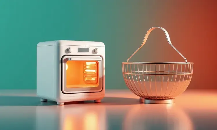Comparação visual em 3D entre os formatos de fritadeira tipo forno e fritadeira de cesto convencional.