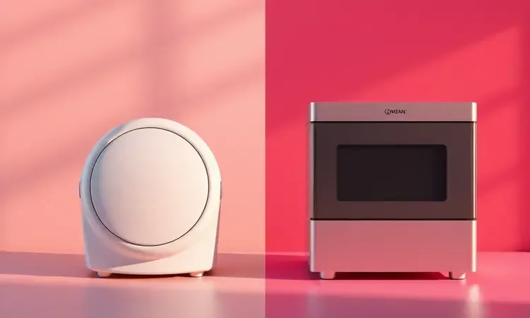 Comparação visual artística entre o design de uma air fryer compacta e um forno elétrico tradicional.