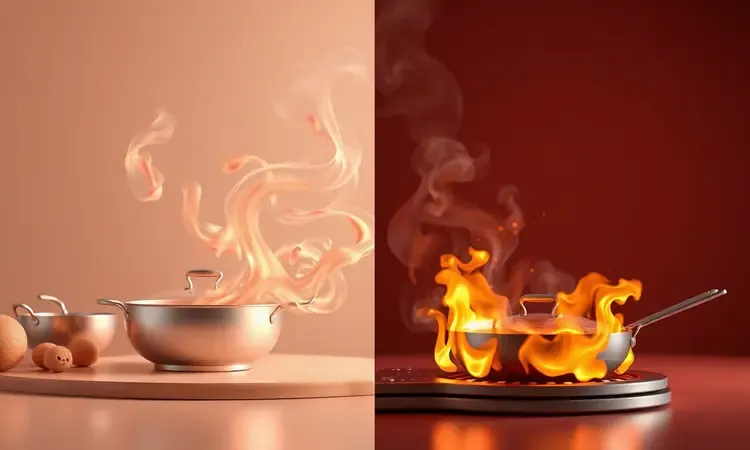 Comparação visual em 3D entre a agilidade da air fryer e o calor constante do forno tradicional.