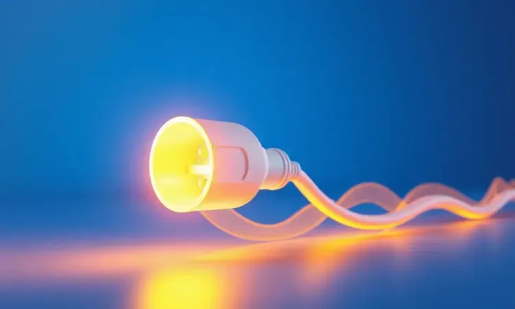 Ilustração artística de consumo de energia elétrica representada por ondas de luz vibrantes em tons de azul e amarelo.