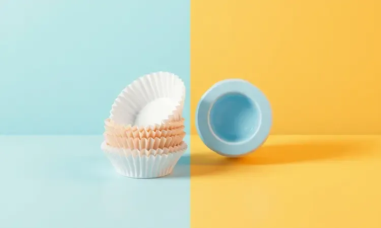 Comparativo visual entre formas de papel e silicone para airfryer em um estilo minimalista.