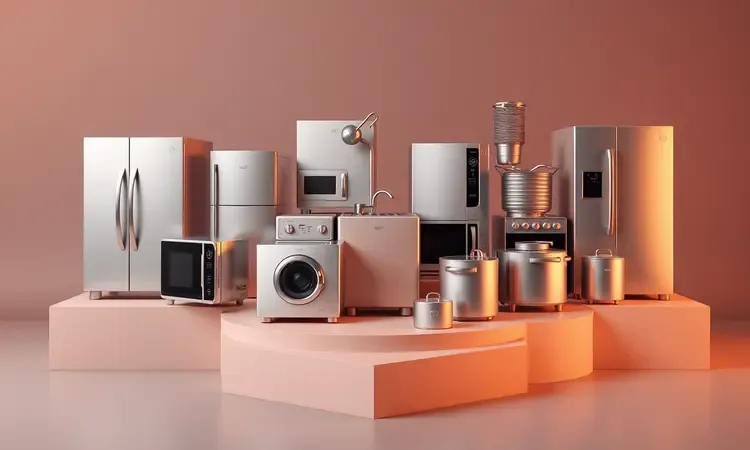 Comparativo visual de diferentes eletrodomésticos de cozinha modernos e sem marcas em um ambiente de estúdio.