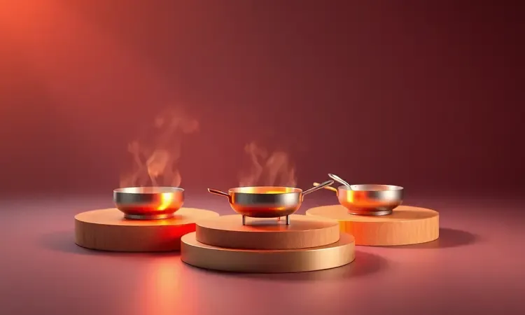 Comparação visual de métodos de cozimento representada por plataformas estilizadas e iluminação vibrante em 3D.