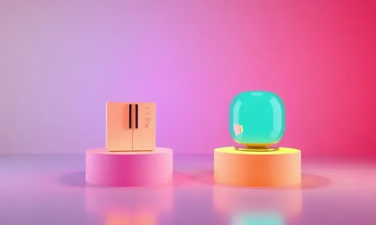 Comparativo visual abstrato entre modelos de eletrodomésticos representados por formas geométricas 3D em pedestais iluminados.