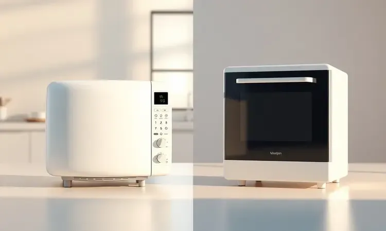 Comparação visual 3D entre dois modelos conceituais de fritadeiras elétricas em uma bancada iluminada.
