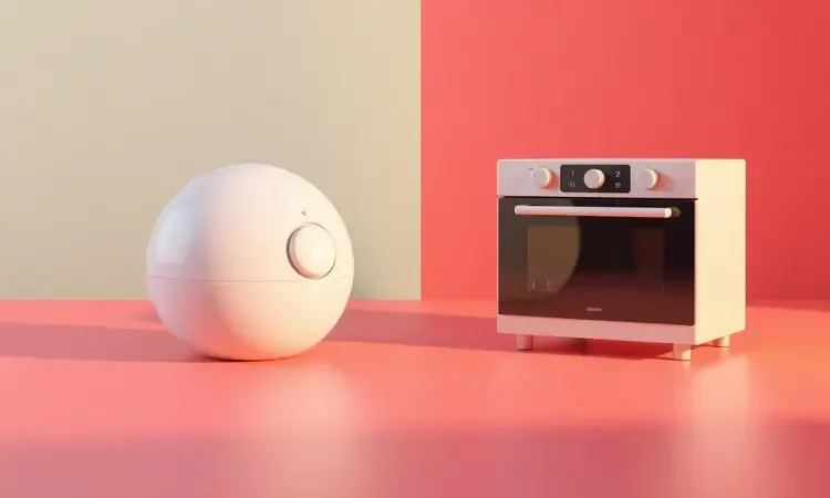 Comparativo visual em 3D entre modelos de air fryer tradicional e air fryer oven em estilo minimalista e colorido.