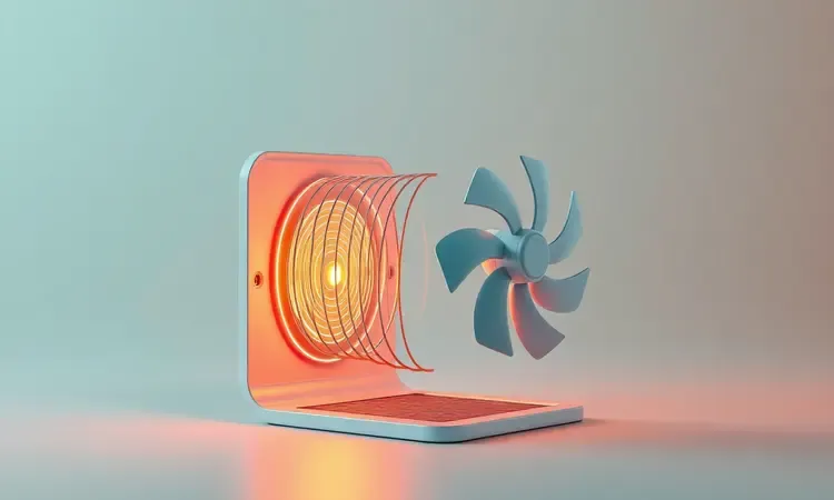 Representação estilizada dos componentes internos de uma air fryer, destacando a resistência e o ventilador em cores vibrantes.