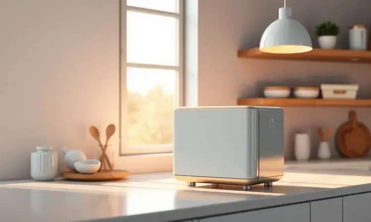 Cozinha moderna e minimalista com iluminação quente destacando a praticidade de eletrodomésticos multifuncionais.