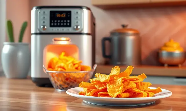 Refeição saudável e crocante preparada em uma air fryer conceitual, destacando o resultado final em uma cena 3D acolhedora.