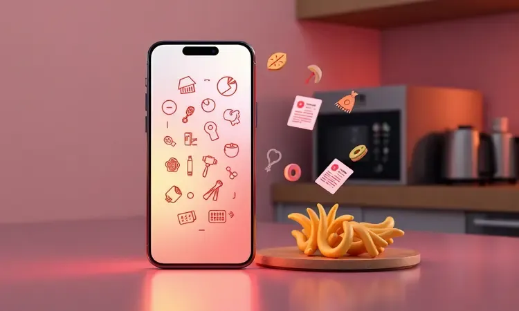 Representação digital 3D de conectividade smartphone e receitas para eletrodomésticos inteligentes.