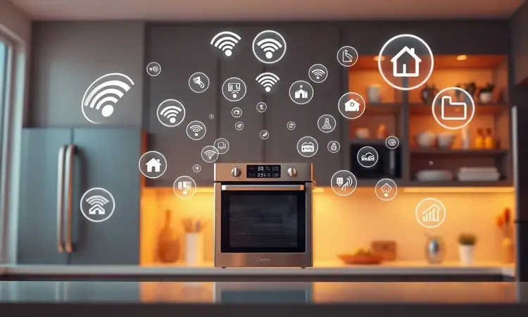 Cena conceitual em 3D mostrando ondas de sinal Wi-Fi conectando um smartphone a um eletrodoméstico moderno em uma cozinha.