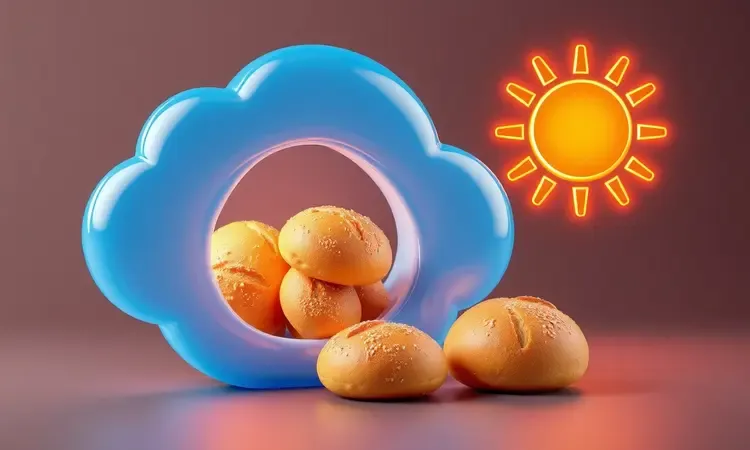 Ilustração 3D artística mostrando pães de batata sendo conservados sob uma aura de frescor azulada e quente.