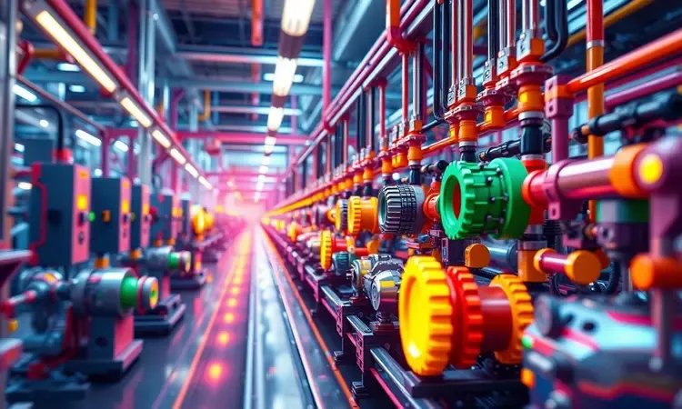 Representação conceitual 3D de engenharia e fabricação com luzes brilhantes e cores vibrantes.