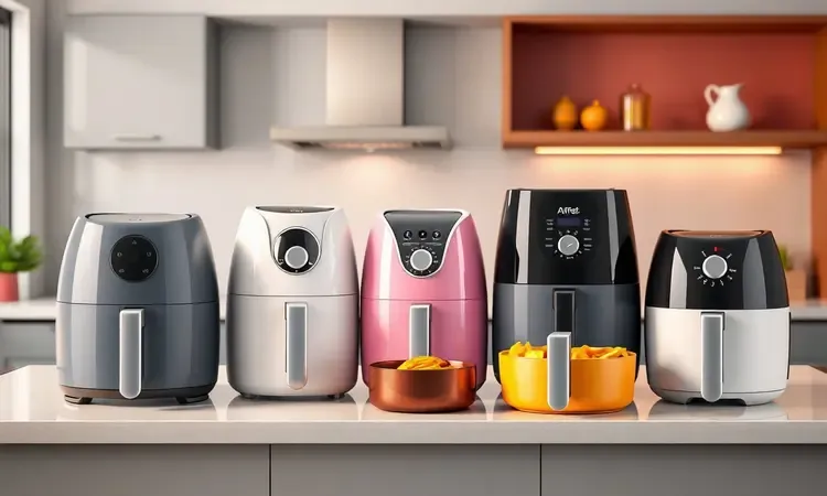 Modelos conceituais de air fryers em uma bancada de cozinha moderna com iluminação quente.